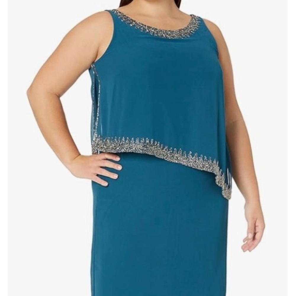 JKARA Blue Beaded Sleeveless Sheath Dress Round Neck Knee Length Chiffon Size 6